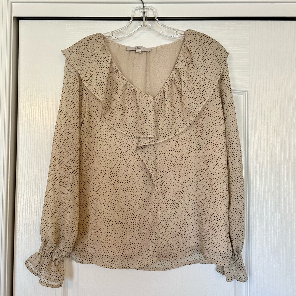 LOFT Tan and Black Dots Ruffle Top Size XS